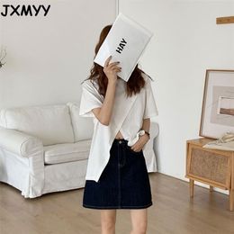 fashion product Korean round neck loose solid Colour short-sleeved shirt bifurcated T-shirt top women JXMYY 210412