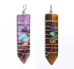 Pendant Necklaces Natural Healing Pionts Crystal Quartz Stones Reiki Stone Wire Wrapped 7 Chakra Sword Shape Amulet Pendants JewelryPendant