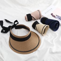 Wide Brim Hats Summer For Women Ribbon Bow Straw Hat Foldable Breathable Empty Top Peaked Cap Outdoor Travel Anti-uv Beach HatsWide