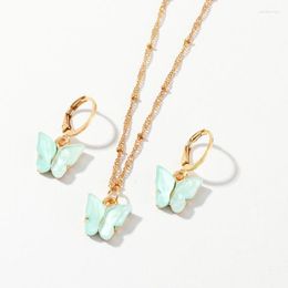 Necklace Earrings Set & Light Yellow Gold Colour Butterfly Many Colours Resin Pendant Link Chain Dangle Insect