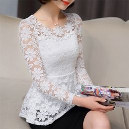 Весенние блюзас топ цветы белая кружевная блуза Женщины стройная рубашка с длинным рукавом женская винтажная верхушка вершины Chemise Femme 817c5 210308