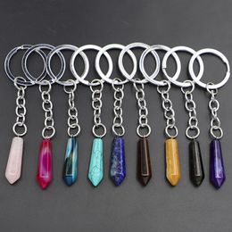 Natural Stone Hexagonal Column Keychain Water Drop Agate Shape Columnar Pendants Key Rings On Bag Car Jewellery Party Friends Gift