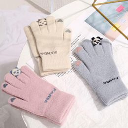 Five Fingers Gloves Autumn And Winter Plush Girls Stretch All-match Knitted Touch Screen Full-finger Riding Cute Cold Panda Jacquard