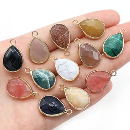 Waterdrop Tigers Eye Agates Blue Quartz Stone Charms Faceted Gemse Golden Plated Pendant Women Jewelry Making Necklace Wholesale