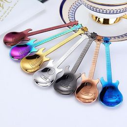 New Creative 304 Stainless Steel Small Coffee Spoons Guitar Violin Shape Dessert Spoon Stirring Spoon Lovely Titanium Plated Ice Scoop F0810