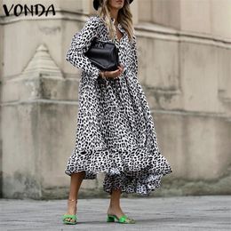 VONDA Women Leopard Dress Vintage Long Sleeve Swing Party Long Dress Autumn Casual Loose Vestidos Plus Size Sundress S5XL T200416