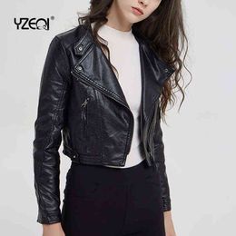Yzeqi Street Style Women Short Motorcycle Pu Leather Jacket Autumn Fashion Lady Faux Soft Leather Coat Black Zipper Outerwear L220728