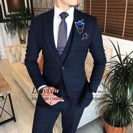 Men's Suits & Blazers Fashion Navy Blue Daily Men Formal Business Office Blazer Wedding Groom Tuxedo 3 Piece Set Costume Homme Jacket Vest P