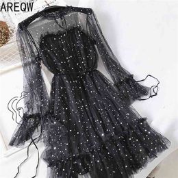 2021 New Women Summer Clothing Bling Sequined Long Sleeve Dress Elastic Slim Mesh Gauze Tulle Dress 210322