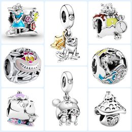 genuine 925 Sterling Silver Mad Hatter Frog Dangle Charm fit for Original Pandora Bracelet Openwork Cat and Mouse Animal Beads