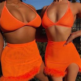OMSJ Women Hot Orange Sexy Two Piece Set Fluffy Split Crop Top Camis and Skirt Matching Summer Suits Beachwear 2Pcs Ropa Mujer T200702