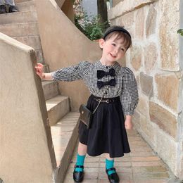 Clothing Sets Girls Suit Children Plaid Bow Knot Shirt With Half Skirt Two-piece Suits Spring And Autumn College Style Long Sleeve Cotton Se