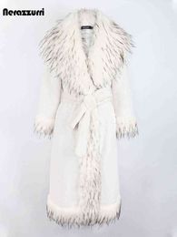 Nerazzurri Winter Long White Thick Warm Luxury Elegant Fluffy Faux Fur Coat Women with Fur Trim Sashes European Fashion 2022 T220810