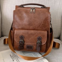 WR Trendy Womens Backpack Vintage Pu Leather Daypack Brown Mochilas Para Mujer Casual Travel Bag Retro Student School Bag 220817