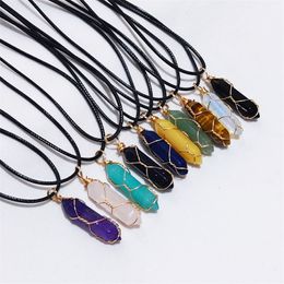 Hotsale Carving Hexagon Prism Stone Pendant Reiki Healing Crystal Tiger Eye Rose Quartz Opal Aventurines Necklace for Women Jewelry