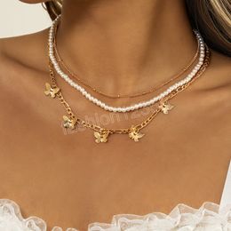 Boho Imitation Pearl Beaded Necklace Women Retro Fashion Gold Metal Cute Butterfly Pendant Clavicle Necklaces Bridal Jewelry