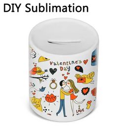 Ceramic Coin Jar Favour Sublimation Money Box Cylinder Piggy Bank Portable Storage Can Home Ornaments B0602N04