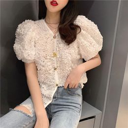 Women's Blouses & Shirts Hi Girl Summer V Neck Chiffon Embroidery Florals Hollow Out Buttons Blouse Short Sleeve Lace Loose Sweet Shirt Blus