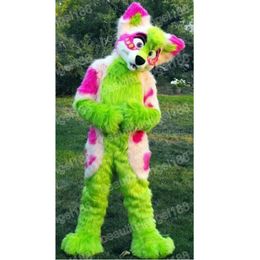 Halloween Long Fur Green Husky Dog Mascot Costume High Quality Cartoon Character Outfits Carnival Adults Size Birthday Party Outdoor Outfit Unisex Dress Outfit