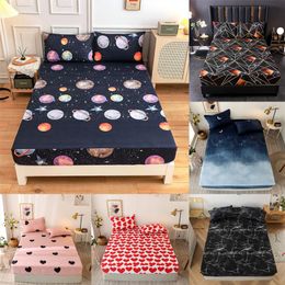 Bed Fitted Sheet No Pillowcase Anti Slip Dust Proof Red Heart Printed White Color Drap Housse 180x200cm on Elastic 220514