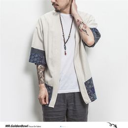 MrGoldenBowl Store Cotton Linen Shirt Jackets Men Chinese Streetwear Kimono Shirt Coat Men Linen Cardigan Jackets Coat Plus Size 201128