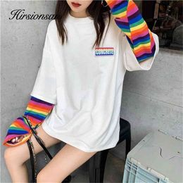 Hirsionsan Rainbow Kawaii T Shirt Women New Spring Long Sleeve Harajuku Tees Casual Student Tops Stripe Oversized Clothes 210322