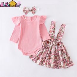 doğmuş bebek kız giysileri bahar sonbahar pembe romper ruffles çiçek etekleri kafa bandı bebek kıyafetleri yürümeye başlayan giyim 0-24 ay 220507