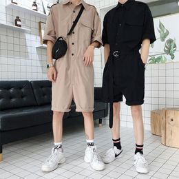 Summer Fashion Men Cargo Overalls Punk Style Pockets Pants Loose Solid Colour Short Sleeve Rompers Jumpsuit Streetwear 220715