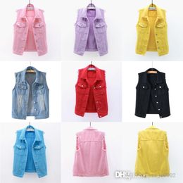 Womens Denim Vests Jeans Coat Turn-Down Neck Sleeveless Single-Breasted Waistcoat Outerwear Fashion Jacket Cardigan Tops