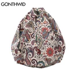 GONTHWID Harajuku Streetwear Shirts Coats Graffiti Bandana Paisley Pattern Pockets Shirt Hip Hop Fashion Long Sleeve Button Tops 220323