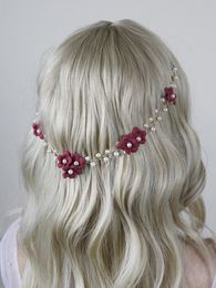 Headpieces Vintage Wine Red Pink Flower Headband Pearls Elegant Women Headdress Bridal Headwear Prom Wedding Hair Accessories For Party