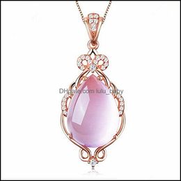 Pendant Necklaces Fashion High-End Luxury Sier Necklace Female Natural Pink Crystal Hibiscus Stone Rose Gold Clavicle Chain Simple Je Dhoqh
