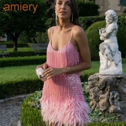 2022 Fashion Women Prom Dress Tassel Party Sequin Feather Patchwork Dress Skirt Pink