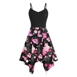 Plus Size 5xl Fashion Dresses For Women Floral Print Asymmetric Camis Handkerchief Dress Sleeveless High Waist Mini Party Dress 220520