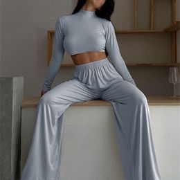 Insta Wide Leg Pant Women Two Piece Set Long Sleeve Solid Autumn Casual Outfit Matching Homewear Crop Top W220331