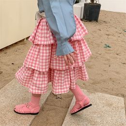 deer jonmi Spring Korean Style Baby Girls Pink Plaid Skirts Cotton Cute Toddlers Children Layered Skirt 220326