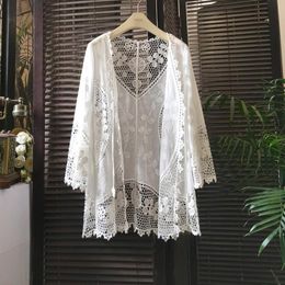 Women's Swimwear Women's Summer Swimsuit Cover Up Lace Cardigan Sunscreen Blouse Embroidery Shawl Perspective Beach Jacket White Vacatio