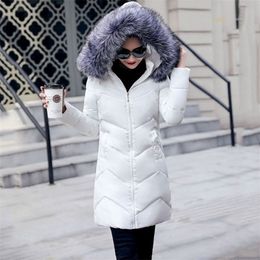 Fur collar winter coat ladies thick warm hooded long jacket women elegant slim white cotton parka women outwear DR653 201210