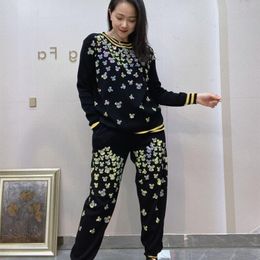 Women's Sweaters Two Pieces Cartoon Rhinestones Tracksuit For Women Fall Pattern Sequins Long Set Casual Stretchy Kit ClothesWomen's