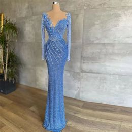 Beaded Long Sleeve Prom Dresses Sheath Sheer Neck Evening Gown 2022 Shiny Sequin Abendleider Cocktail Party Dress