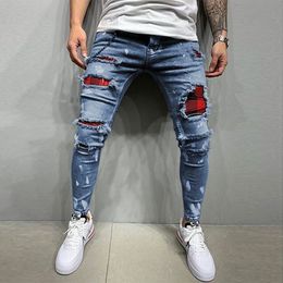 Men Painted Stretch Skinny Jeans Slim Fit Ripped Distressed Pleated Knee Patch Denim Pants Brand Casual Trousers for Men 2024