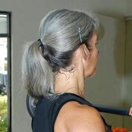 Seamless straight dark gray ponytail hairpiece salt and pepper grey hair extenson wrap around pony tail 120g