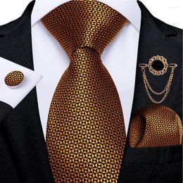 Bow Ties Gold Plaid Silk For Men Luxury Yellow Neck Tie Set Pocket Square Cufflinks Wedding Accessories Metal Brooch With Chain Fier22