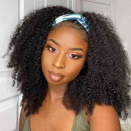 Afro Kinky Curly Wig Silk Headband Human Hair for Women Glueless my Brazilian Half 220707