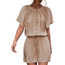 Women Jumpsuits Casual Loose Round Neck Button Top Short Romper Waist Drawstring Lace Up Lady Vacation Beach Romper with Double Pockets