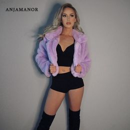 ANJAMANOR Womens Faux Fur Coats Sexy Fashion Winter Clothes Women 2022 Fluffy Plush Full Sleeve Short Jacket D48-DE49 T220716