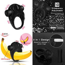 NXY Cockrings Beilile Delayed Ejaculation Penis Ring Vibrator Studs Usb Charging Silicone Cock Vibrating on Dick for Sex Men Cockring 220111
