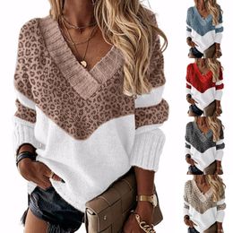 Women Casual V Neck Loose Knitted Sweater 2022 Spring Leopard Print Patchwork Pullovers Autumn Long Sleeve Streetwear Top Jumper
