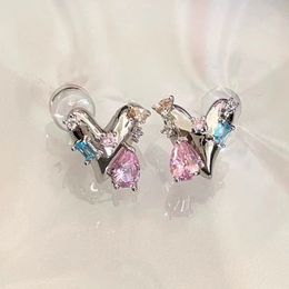 S3064 Fashion Jewelry S925 Silver Post Stud Earrings Cute Heart Inlaid Crystal Rhinestone Love Hearts Earrings