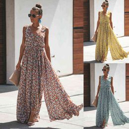 Boho Dresses For Women Floral Print Maxi Dress Loose Sleeveless Chiffon Long Dress Fashion Elegant Party Dresses Plus Size 2022 G220510